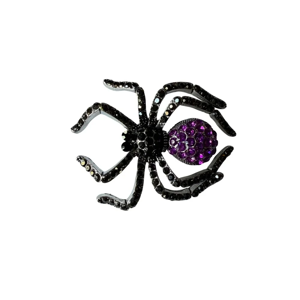 Purple and Black Rhinestone Spider Brooch Silver Tone Gothic Halloween Pin